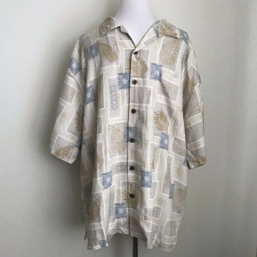 Hilo Hattie 100% Silk Hawaiian Shirt Mens Size L Button Front Leaf‎ Print Beige